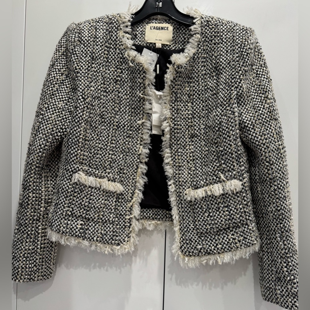 NWT L’AGENCE Angelina Fringe Trim Metallic Jacket, Sz 6, Black/Wht/Gold Shimmer